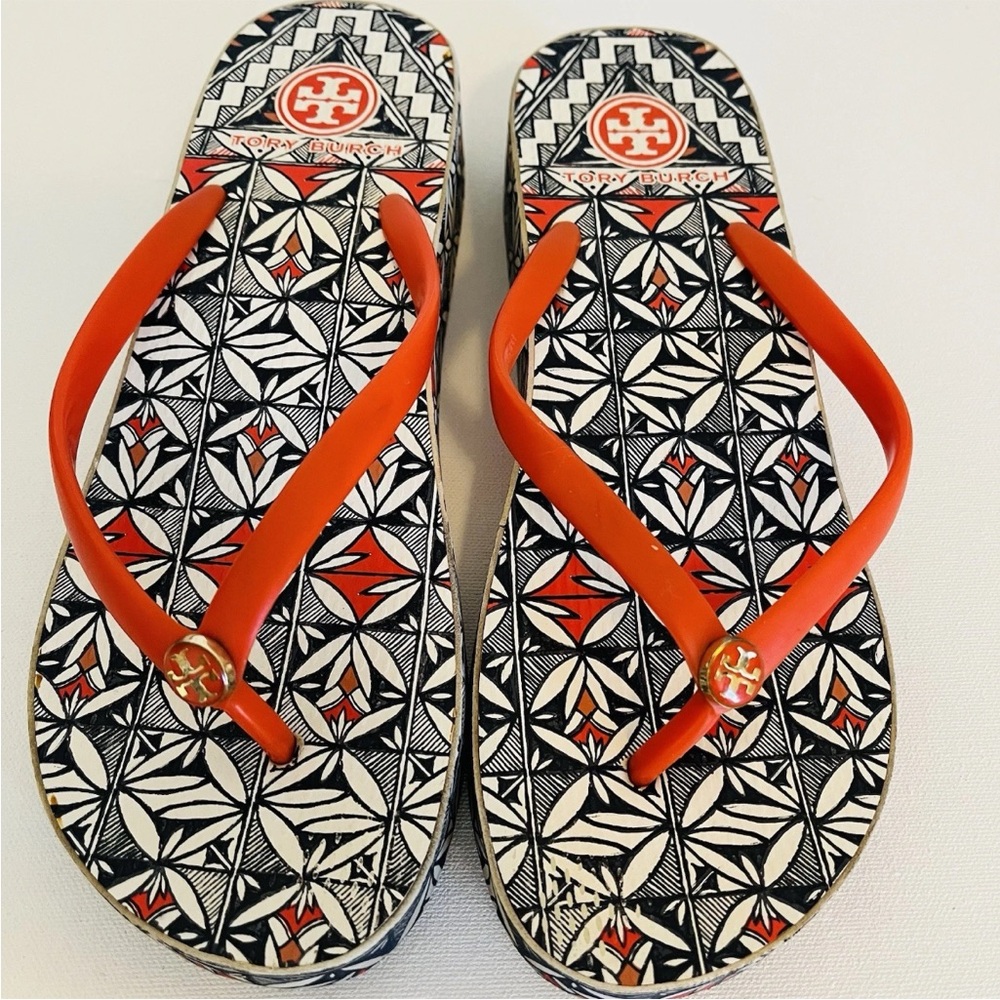 Tory Burch Geometric Multicolored Floral Platform Flip Flops Size 9.5-10